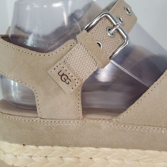 UGG Aubrey Suede Ankle Strap Platform Espadrille Sandal Beige Women's 7 NWOB - Picture 2 of 11